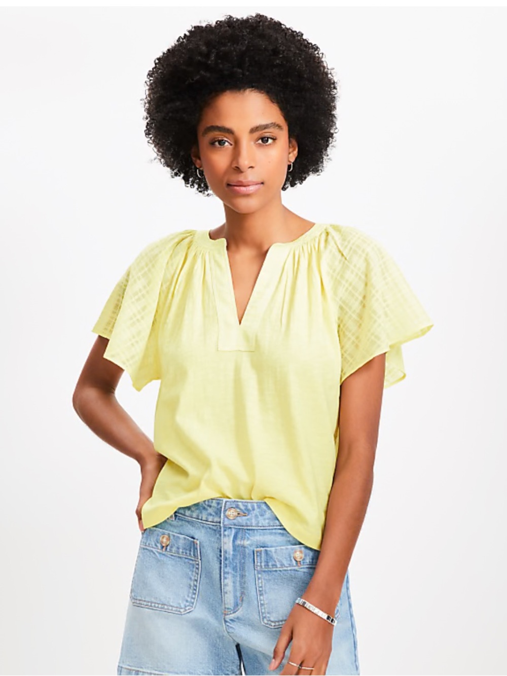 LOFT Yellow Flutter Sleeve Mixed-Media Top